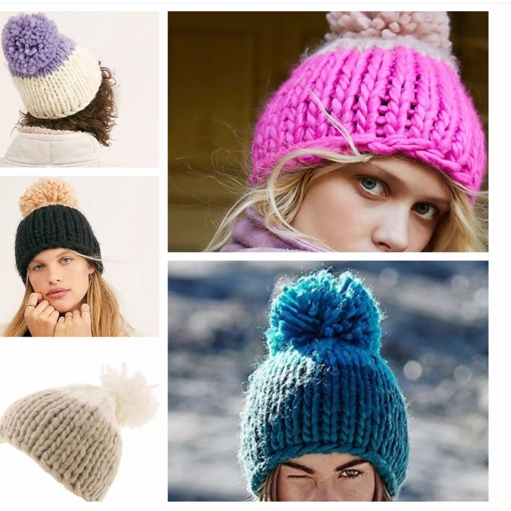 Green/blue FREE PEOPLE Colorblock Cozy Up Pom Pom Beanie Hat Z392-6